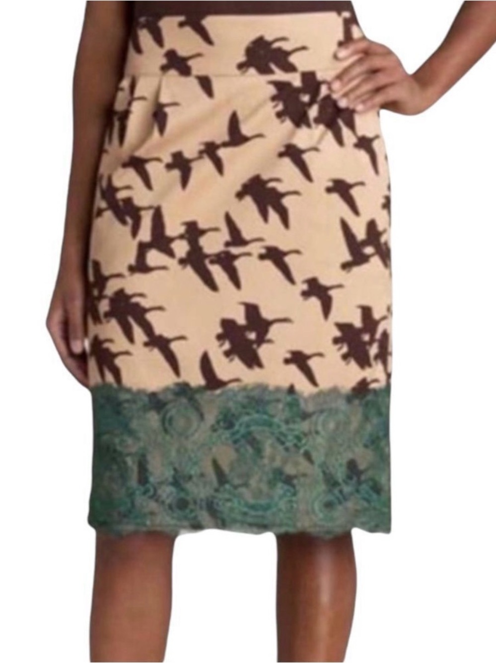 ANTHROPOLOGIE Leifsdottir Sunset Migration Geese Bird Print Pencil Skirt Size 2